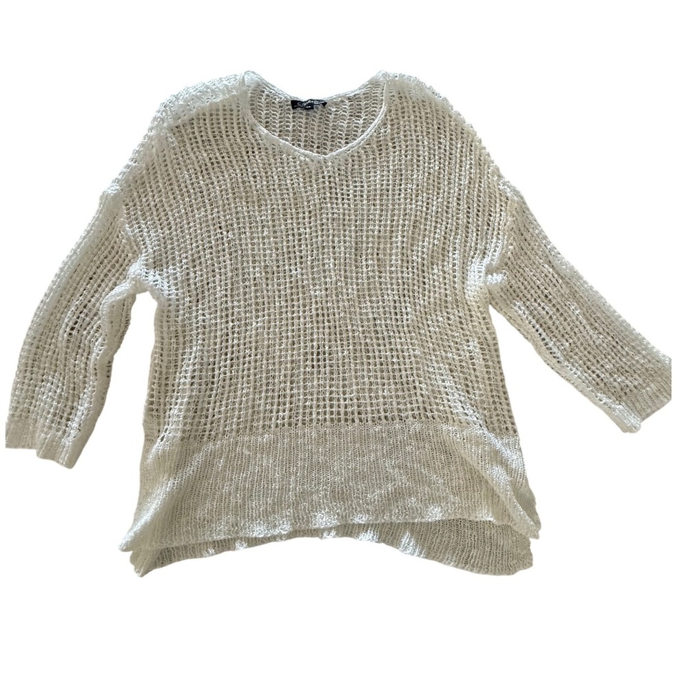 Charlie B White Open Knit Mesh V-Neck Sweater Relaxed Fit Large
